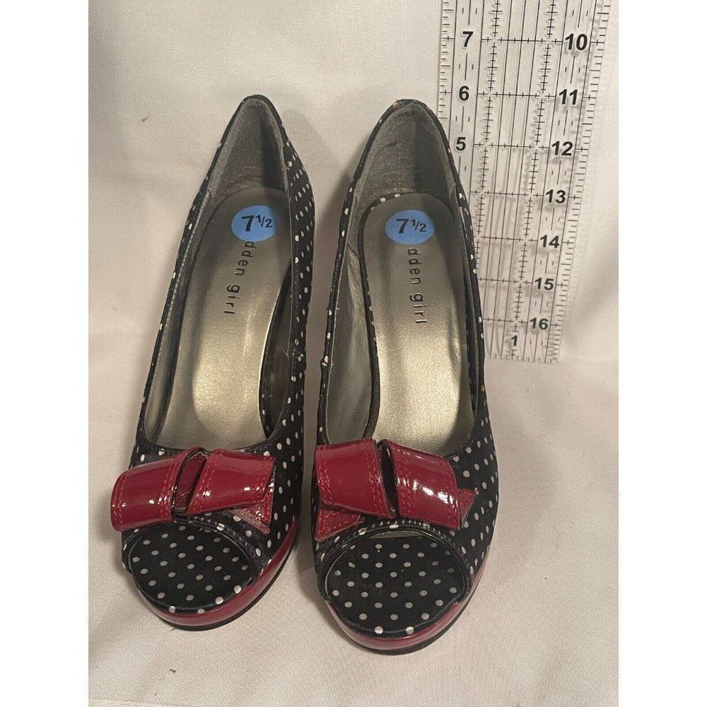 Madden Girl Kiarra Womens Shoes Size 7.5 Black Red Polka Bow Peeptoe Stiletto